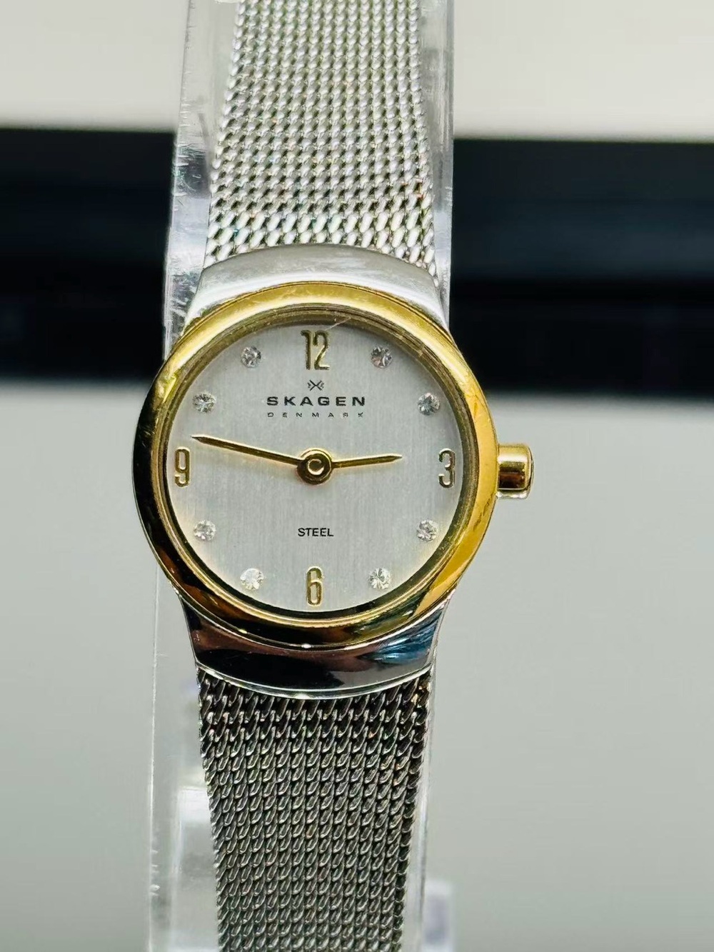 Skagen Women Watch Gold Tone Silver Dial Mesh Band 19mm Quartz New Battery Runs